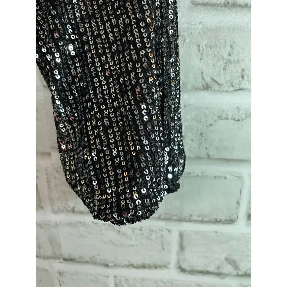 New Boutique Sparkle Black Silver Mini Dress with Velvet Tie Belt Women's Size S